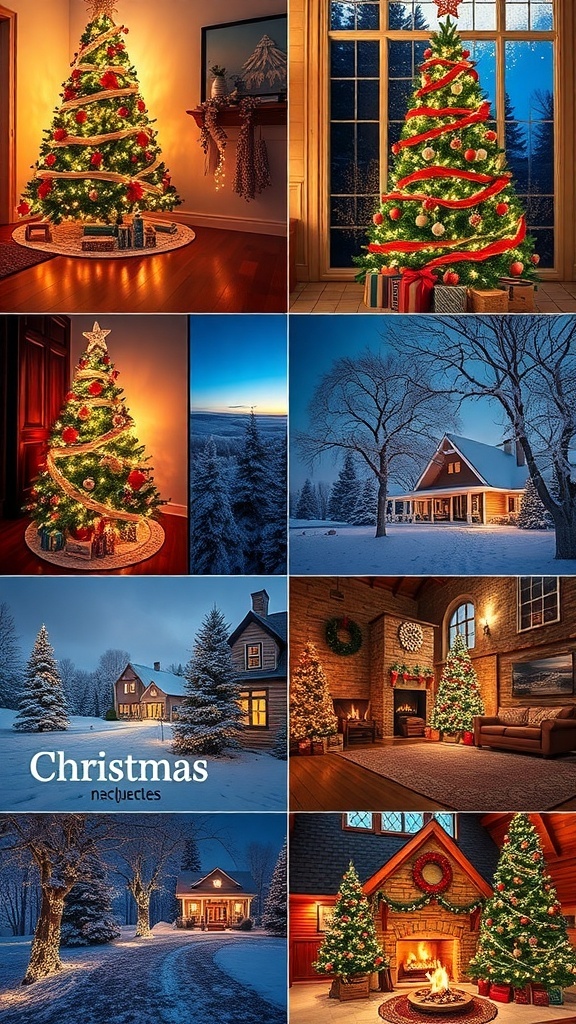 High-definition Christmas backgrounds showcasing festive themes like decorated trees, snowy scenes, and cozy interiors.